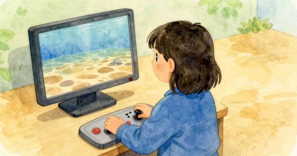 克萊操作搖桿,監視器上光束掠過沙底,室內背景隱約展現海底場景,表情專注充滿期待