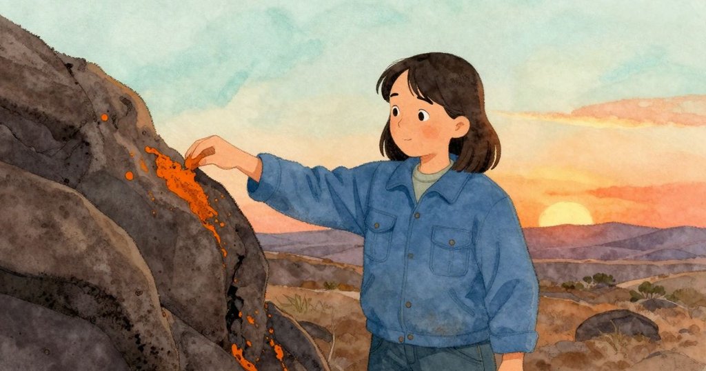 女子凝視隱秘玄武岩,表情思索,採樣臂準備動作,光線聚焦在橙色鐵屑點綴的岩面上,氛圍神秘