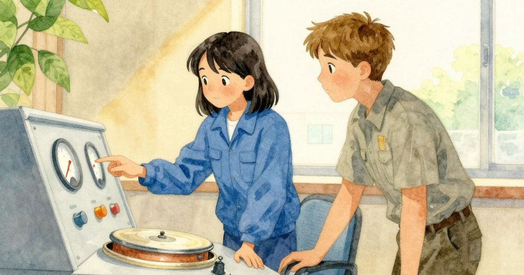 兩人於儀器前互動,一人指示讀數,另一人注視螢幕追蹤海底軌跡,室內溫暖燈光中充滿默契