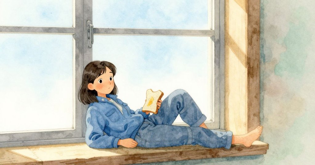 女子在窗邊休息,眼神平靜,未動的三明治放於窗台,室內被柔和自然光灑滿,營造溫馨結局