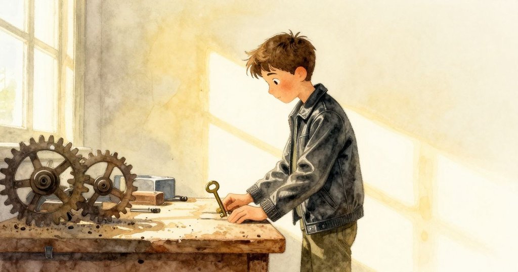 喬納斯在古老鐘室中凝視歪放的黃銅上弦匙,斜陽映照齒輪散發微妙陰影,呈現神秘開端。