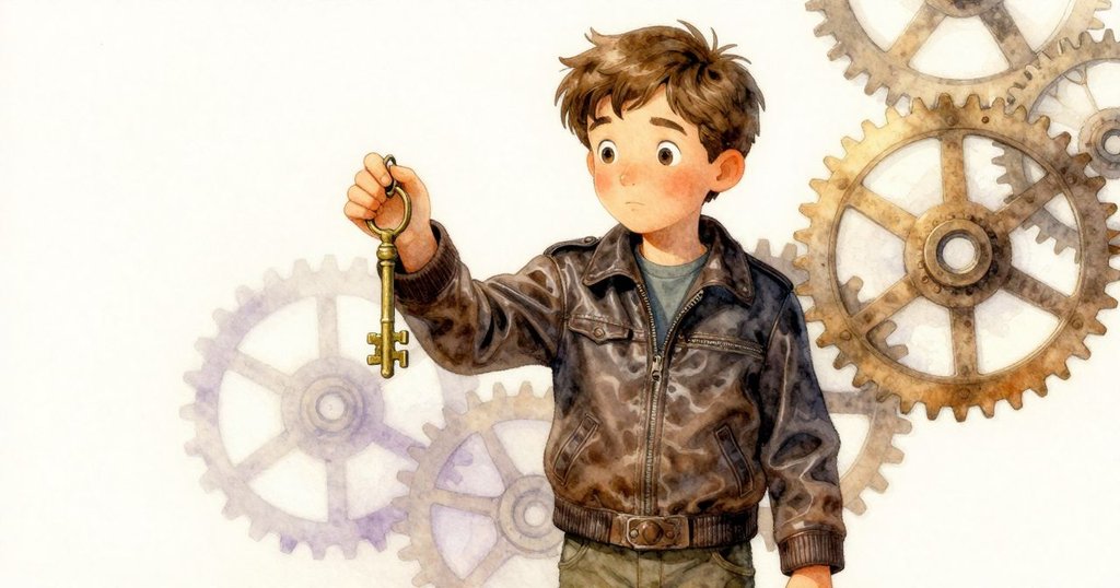 喬納斯輕握磨損黃銅上弦匙,手勢細膩展現古老齒輪與牆面斑駁歷史,充滿溫馨氣息。