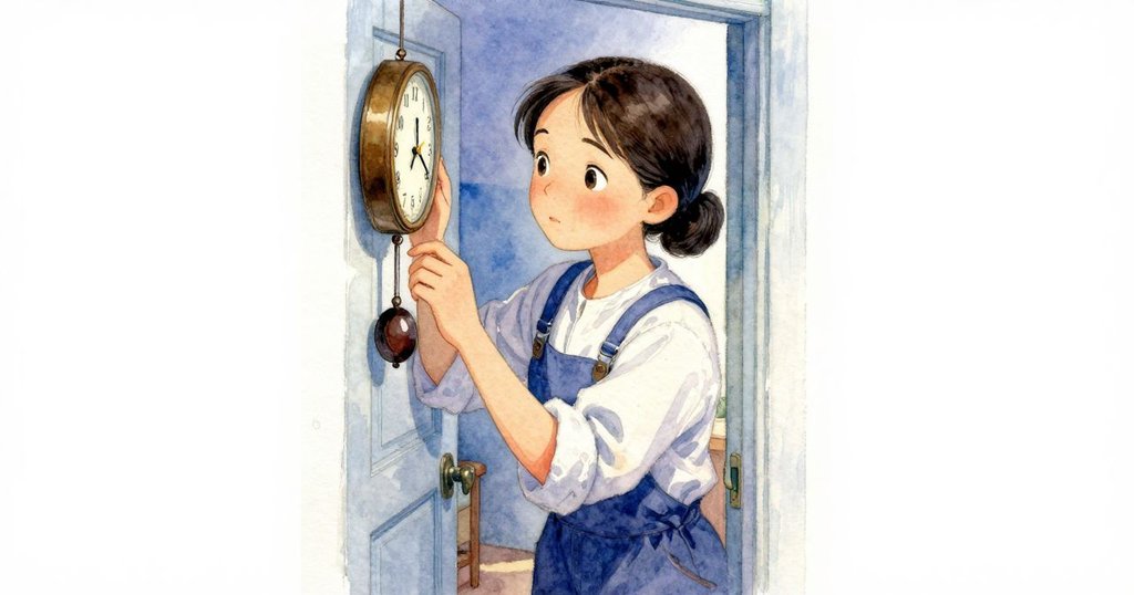 凱斯翠從樓梯門縫探出頭,凝視鐘擺護罩細節,神情專注而帶疑惑,室內光影微妙。