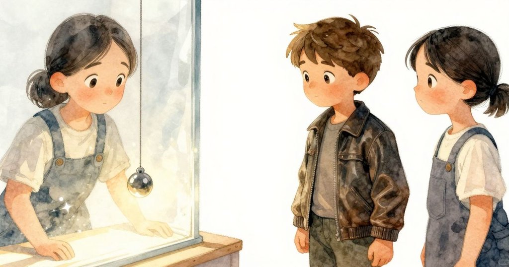 透過透明玻璃可見鐘擺穩定擺動,光束劃過地面,細膩反光營造出柔和溫暖氛圍。