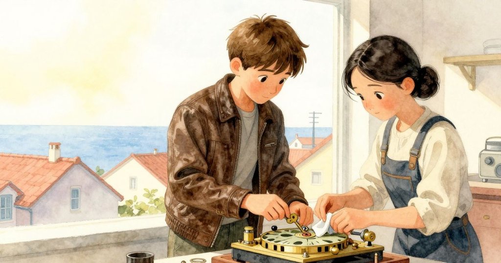 喬納斯小心將上弦匙歸位,凱斯翠整理布巾,室內時鐘重新運轉,窗外屋頂映出未完續章情懷。