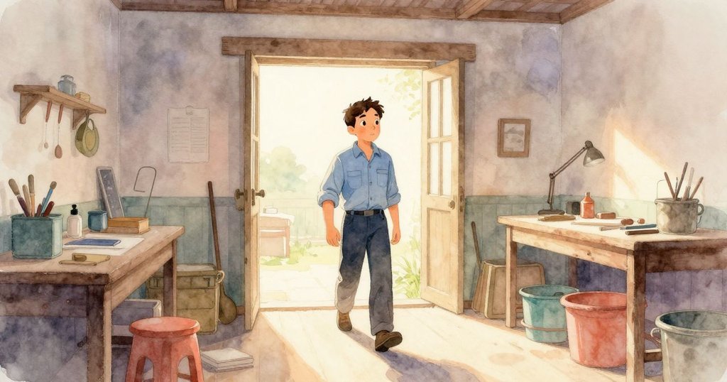 Ben 進入工作室，清晨光線溫暖，工作室內紙張懸掛，展現探索與期待的情感