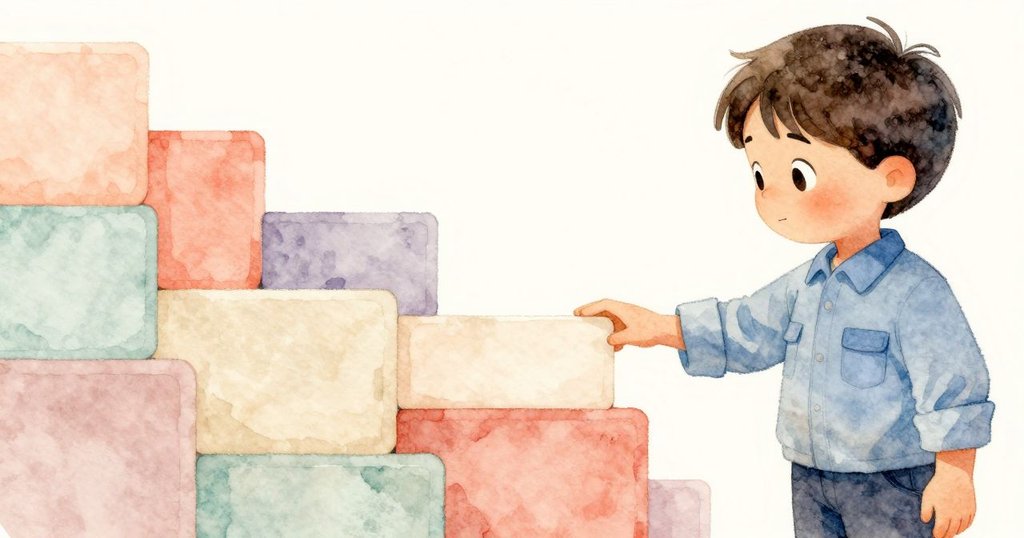 Ben 仔細檢查字母架上缺少的字母，手指觸碰空隙，展示專注與好奇心