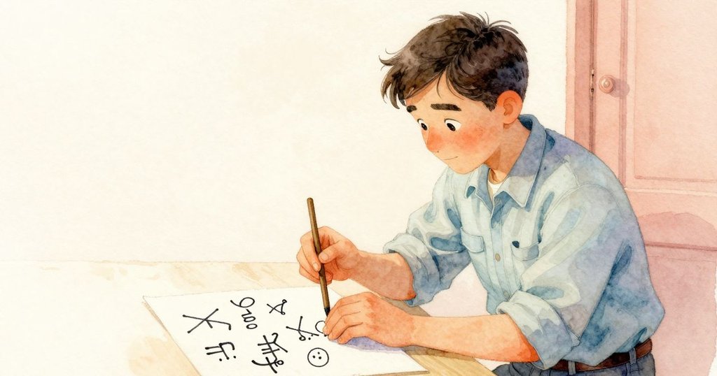 Ben 操作排版工具，手中擺放多餘符號，神情專注，在工作室內展現創作壓力