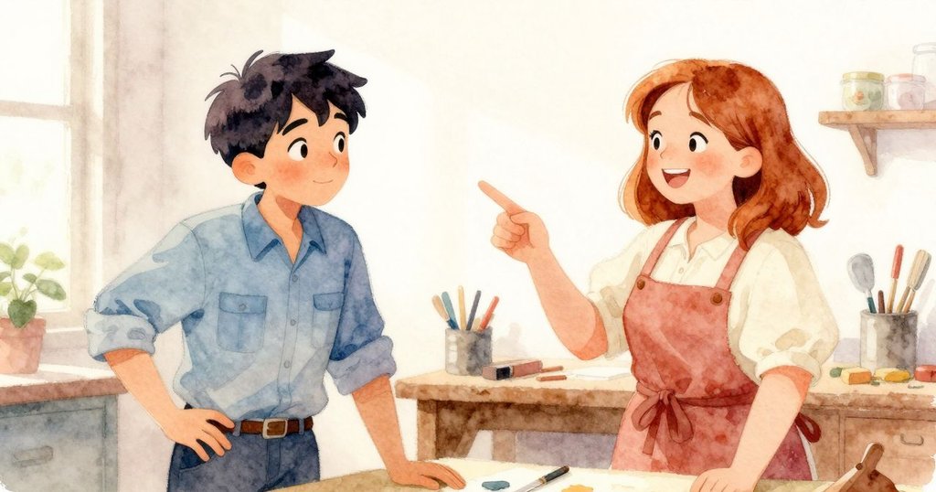 Harriet 興奮大笑並指向空白區，Ben 停下操作思索解決辦法，兩人互動和諧，場景充滿活力