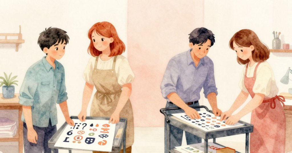 Ben 將完成的印刷品放入推車，Harriet 整理零散符號，柔和暮光下的工作室展現寧靜與滿足