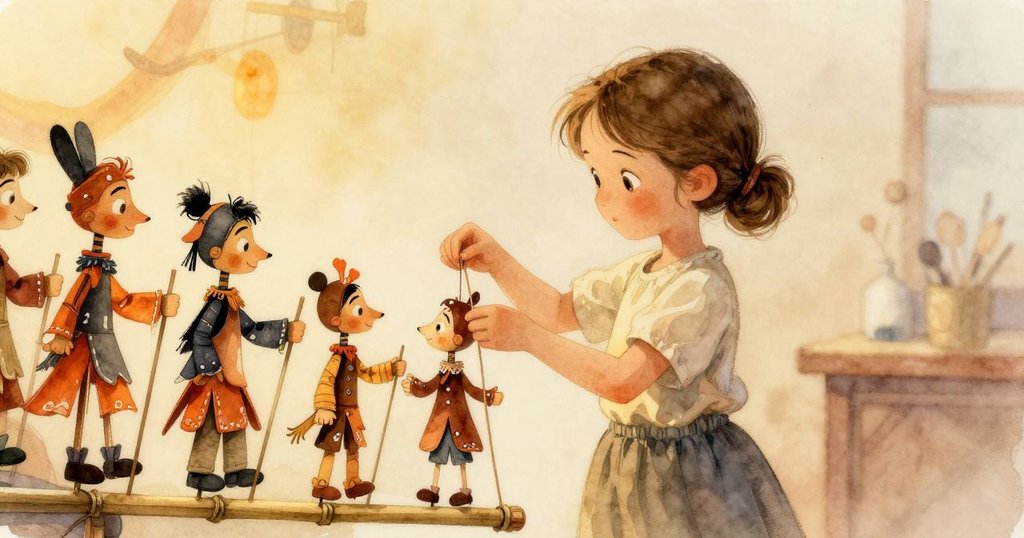 露娜在後台整理竹竿上的皮革木偶，溫暖燈光下動作專注，環境中柔和窗簾與寧靜氛圍