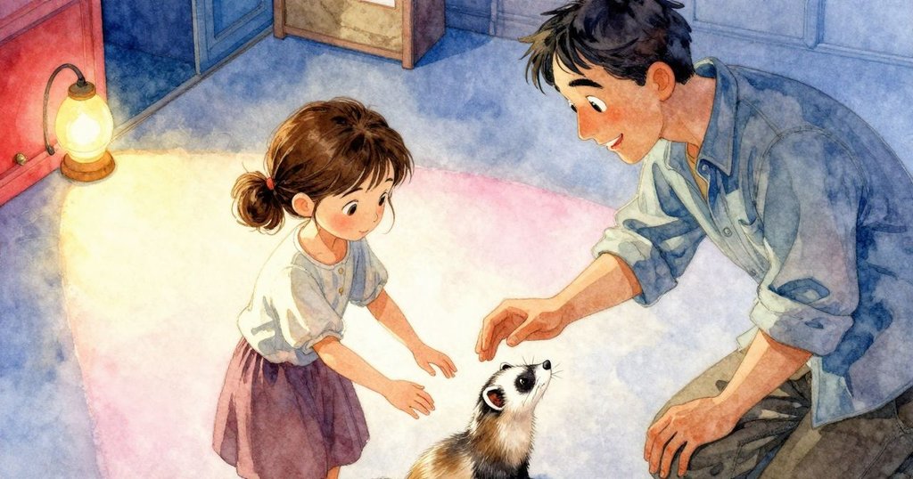 漢瑞斯走近露娜，兩人從高處協作引導毛茸茸雪白的雪貂，舞台後台環境溫暖而寬敞