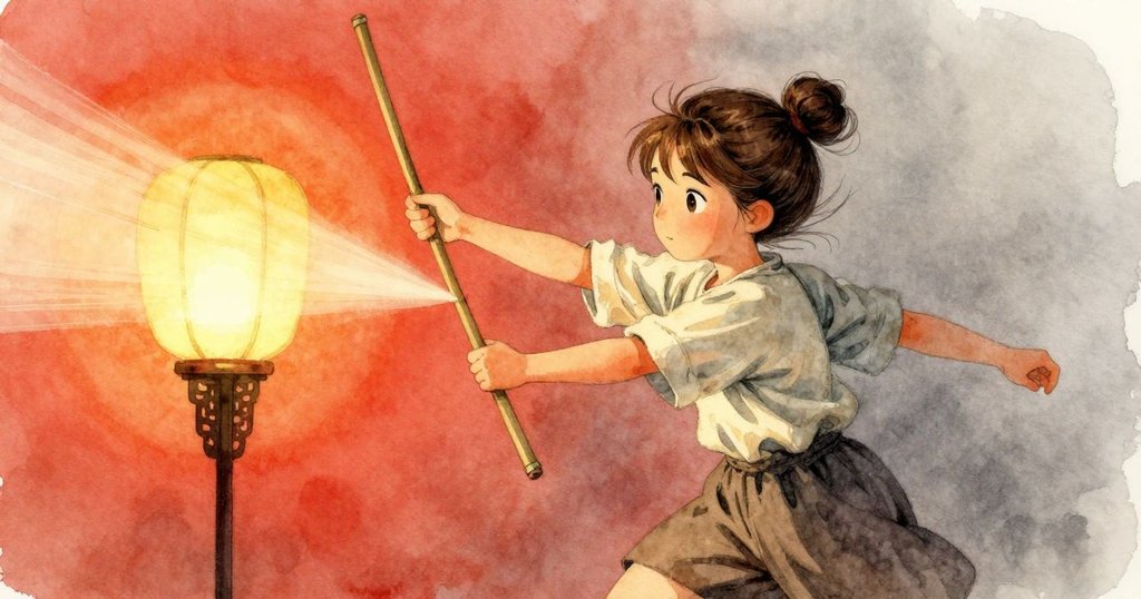 竹竿撞上燈架引起燈光傾斜，露娜驚訝中穩住懸崖木偶，動作流暢且堅定，後台充滿活力