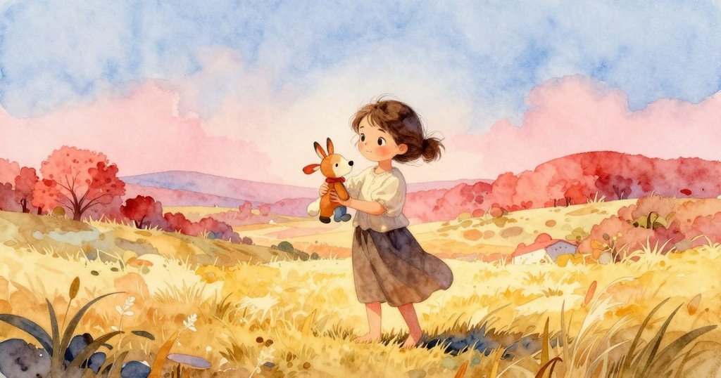 露娜將木偶靠向幕布，木偶畫面猶如山谷風景，一名孩子驚嘆凝視，場景充滿奇幻溫情