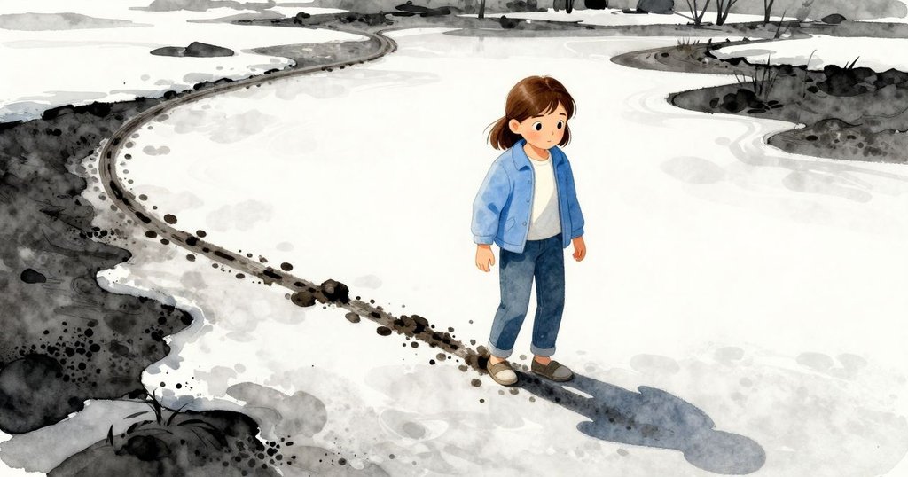 夏娃站在解凍的池塘上,從空中俯瞰冰塊與泥地,她正在用靴子在泥邊留下痕跡,表情充滿好奇