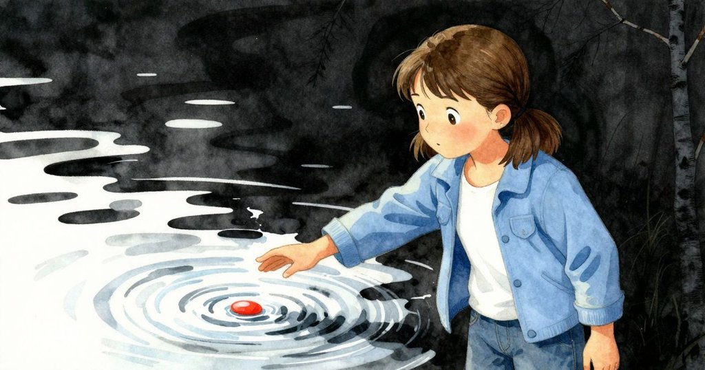 夏娃注視著池邊的浮冰形成的環狀紋路,輕輕伸手觸碰水面,背景中有一根白樺枝點綴自然景致