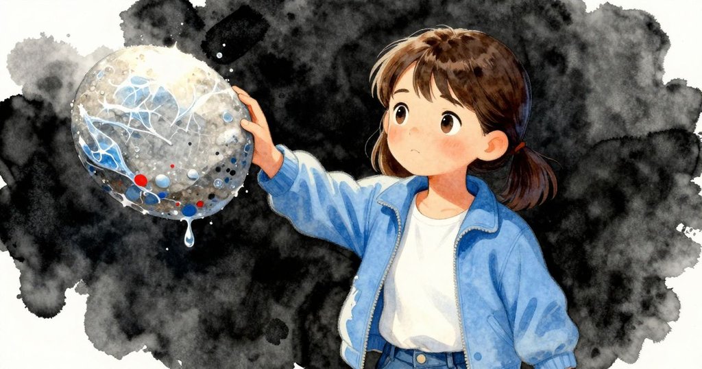 夏娃輕輕用手撫摸著從冰中浮起的彩繪石子,石子綻放著石灰與靛藍的色彩,她滿懷驚奇注視著它