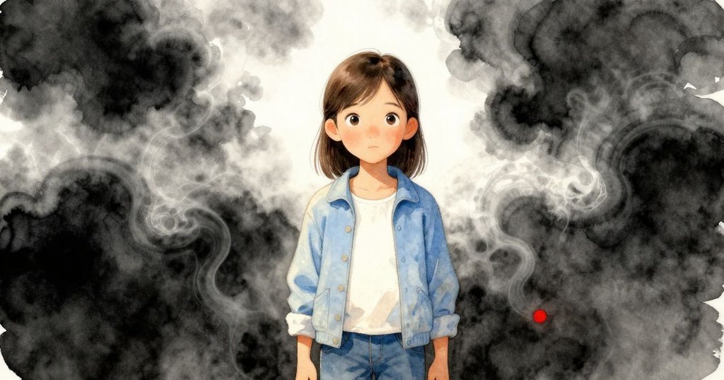 夏娃站在池邊凝視著彷彿幾何圖形般的水霧與蒸氣交織,她的表情充滿驚嘆與神秘感