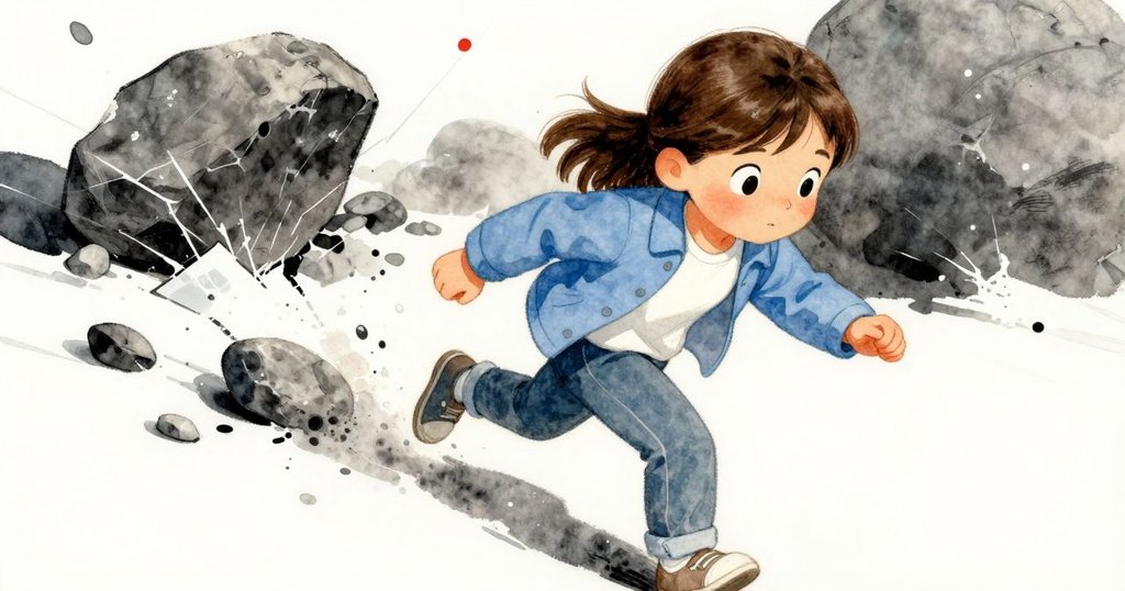 夏娃急切地向前傾身追逐在破冰中移動的彩繪石子,冰裂和光影交錯出急促而動感的場景