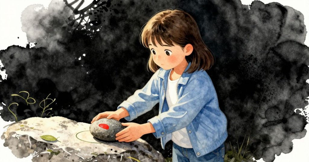 夏娃輕柔地將彩繪石子放於光滑的花崗岩上,靜觀白樺葉在池水中悠然旋轉,神情流露溫暖告別的意境