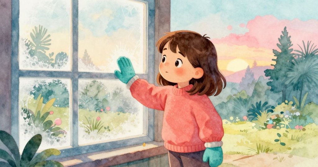 Opal在晨光中站在室內，用帶暖意的手套按壓霜凍窗戶，窗外隱約見到冷色調花園，滿懷期待