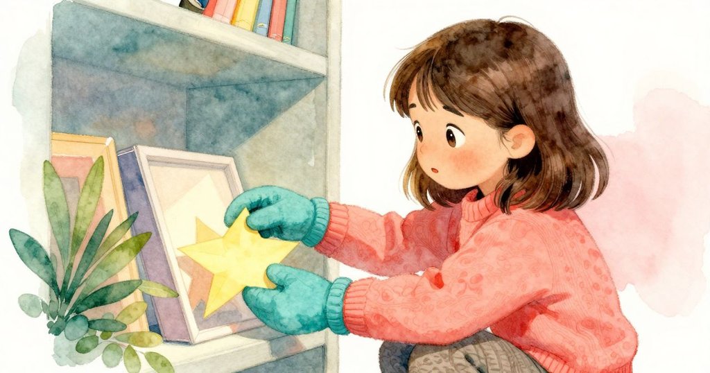 Opal用雙手輕放紙星進入打開的書中，溫暖光線照亮細膩質感，展現室內安靜細膩氛圍