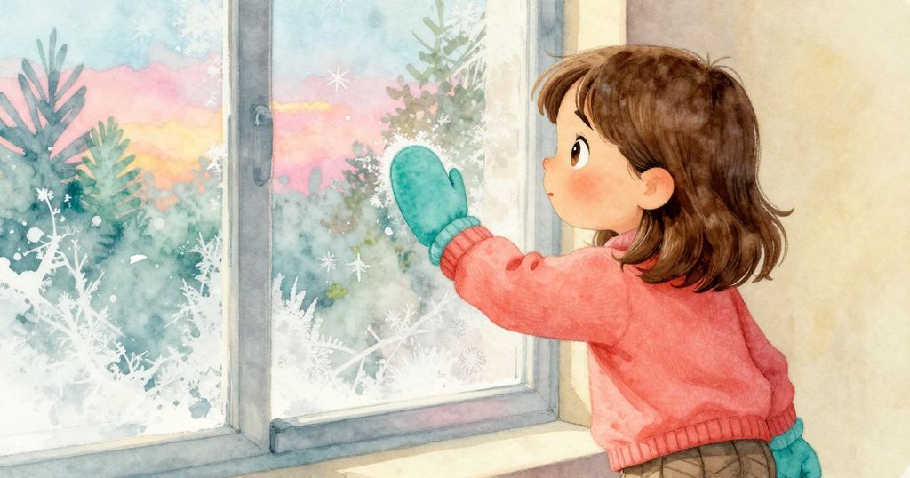 從背後觀察Opal注視窗戶，她用手指輕觸霜凍玻璃邊緣凹痕，細膩展現內心追憶與專注