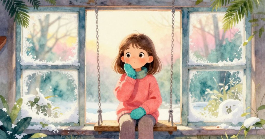 從高處俯視窗戶呈現五個清晰凍圈，窗外花園秋千輕輕搖晃，展示寧靜晨光與室內溫馨對比