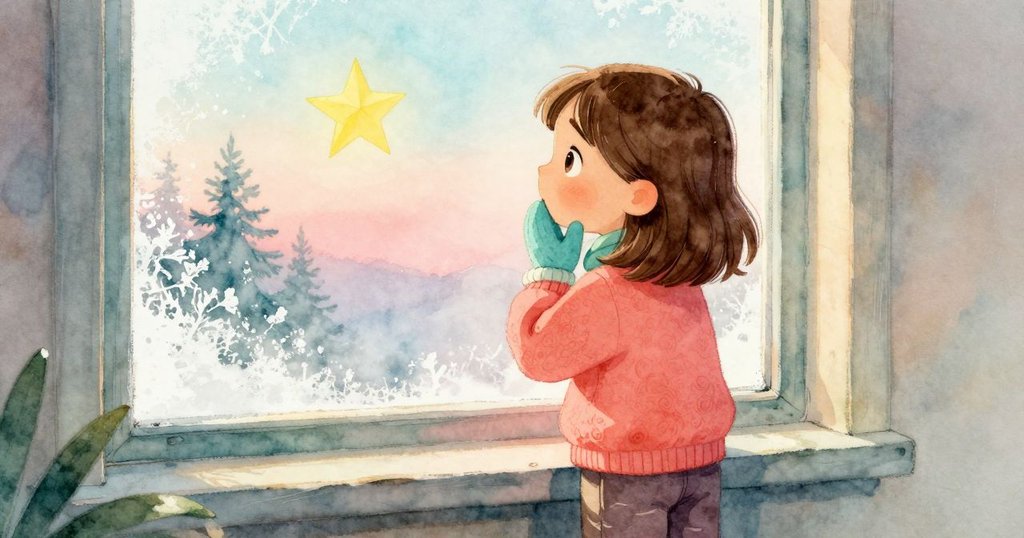 Opal轉身離開凝視窗戶的瞬間，書中含紙星，窗台上水珠閃爍，室內安靜中透露出一絲溫柔告別