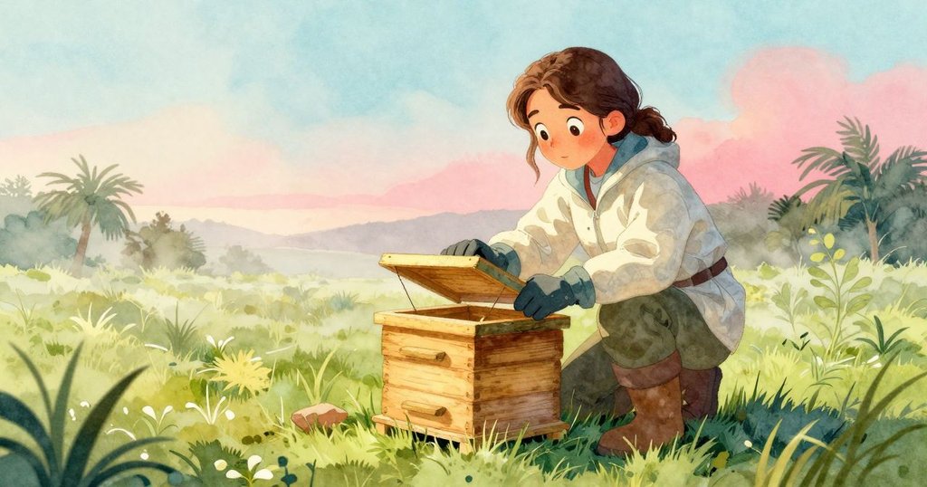 露西亞在晨霧中的草地上打開蜂箱蓋，輕柔晨光中充滿期待與專注之情，展現出蜂農工作的開始