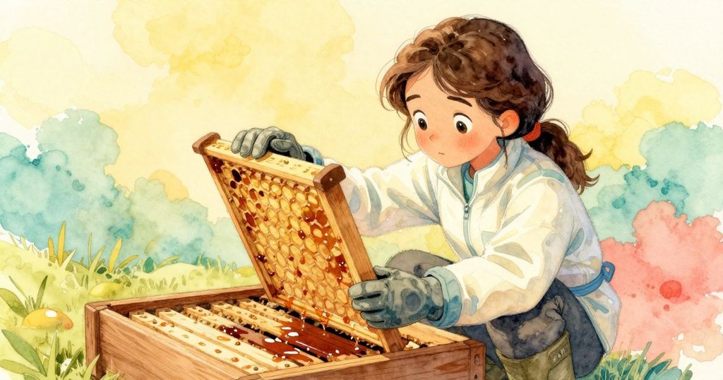 露西亞專注地檢視蜂框，發現蜂巢中暗糖漿的對比細節，陽光柔和灑在工作場景上