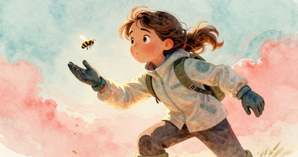 露西亞伸手輕托蜂框時，一隻蜜蜂在她手邊飛舞，特寫畫面展現出細緻的互動與溫暖光線