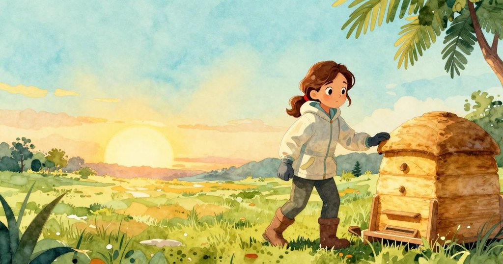 露西亞溫柔地合上蜂箱後，帶著思索與滿足走出蜂場，夕陽映照在廣闊草地與野花上