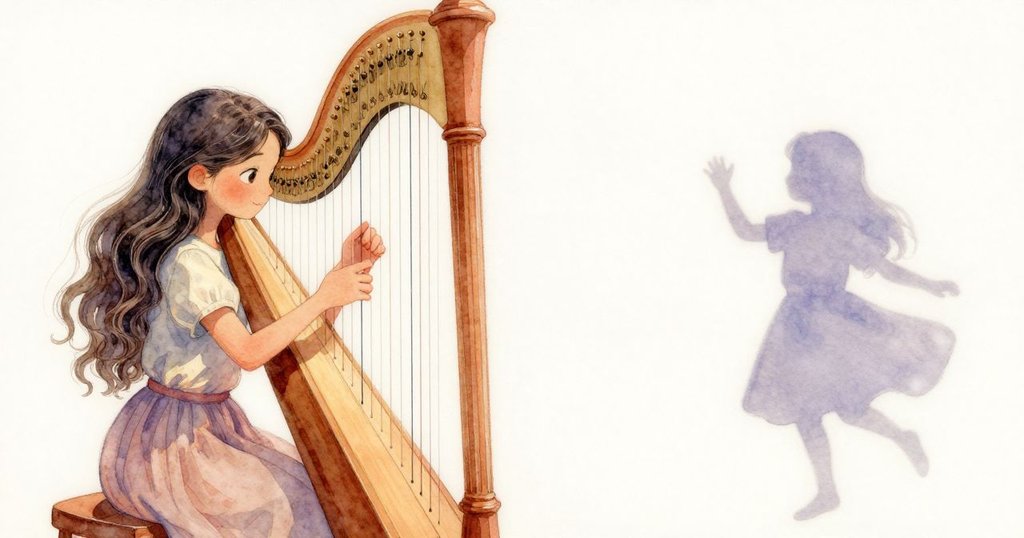 莉奧拉輕觸長弦，她的影子在琴弦上舞動，形成對比明暗的和諧瞬間，充滿詩意與靈動