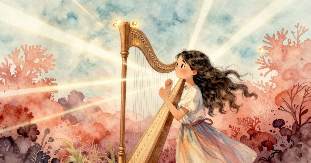 莉奧拉靜心聆聽風琴發出的交錯光芒與聲音，琴弦上閃現幾何般的琥珀光暈，場景充滿神秘詩意