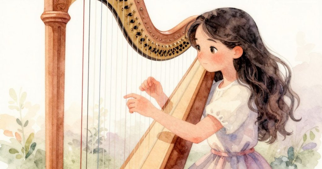 莉奧拉的手指輕觸琴弦，凜然靜止在微光中，伴隨蟋蟀細鳴，呈現出轉折前的靜謐瞬間