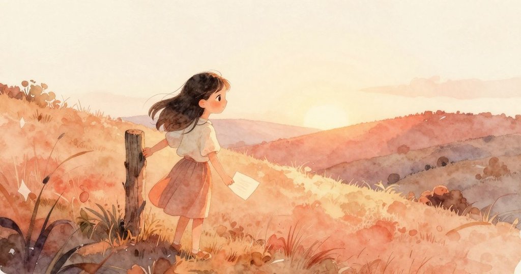 莉奧拉將筆記本靠在雪松柱旁，在黃昏光影中緩步下坡，展現寧靜與反思的結束情景