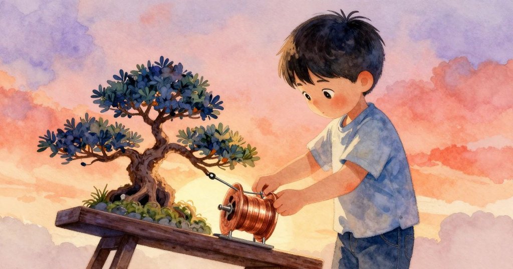 奧賴恩在庭院盆栽長椅上斜角操作銅線捲,發現異樣質感,充滿疑惑與期待,背景溫暖亮麗,展現故事開端