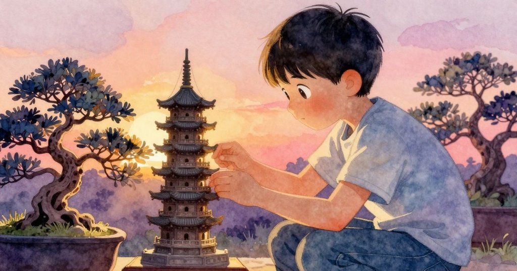 奧賴恩專注檢視盆栽花瓶中古樸象牙塔,細節呈現剝落日光痕跡,充滿溫柔懷舊情感,故事發展關鍵