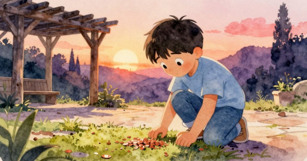 奧賴恩走入陽光庭園,注意到木架響動與苔蘚上銅屑閃爍,環境生動自然,情感轉向觀察與期待