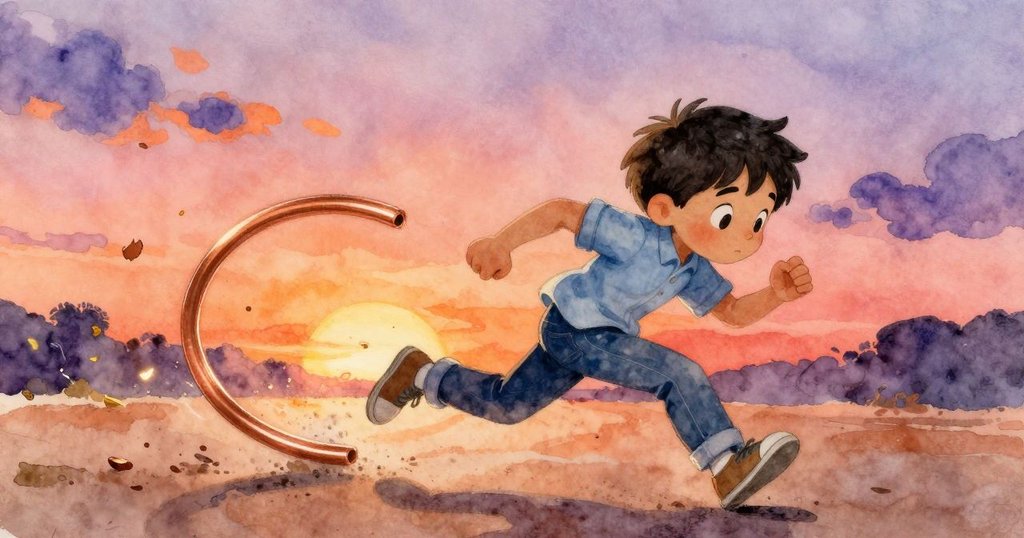 奧賴恩迅速追趕失控銅線圈,動感十足,苔蘚上散落銅屑閃爍,臉上滿是驚訝與急切,故事轉入高潮