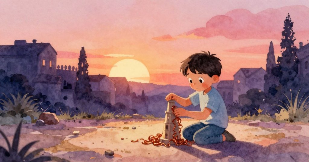 奧賴恩在寧靜庭園中輕柔擺放古樸象牙塔,細心整理掉落銅屑,溫暖光線環繞,故事完美收尾,氛圍平和