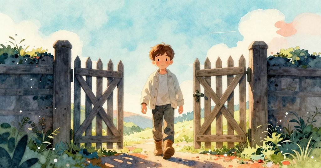 萊爾從雪松大門走出，背影在晨光中顯得堅定且充滿期待，環境寧靜而開闊。