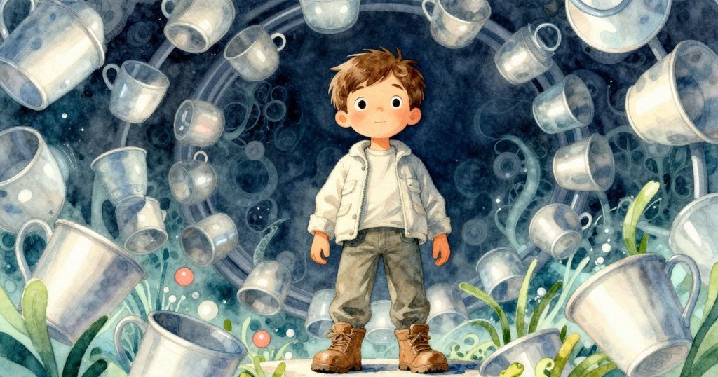 風速儀的杯子在旋轉中突然停頓，視角扭曲呈現金屬光澤，呈現出機械節奏與挑戰。