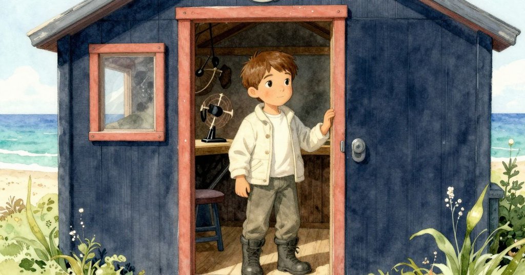 萊爾面帶微笑，離開充滿記錄氣息的小屋，回眸看著穩轉風速儀，心情平和中飄著海風氣息。