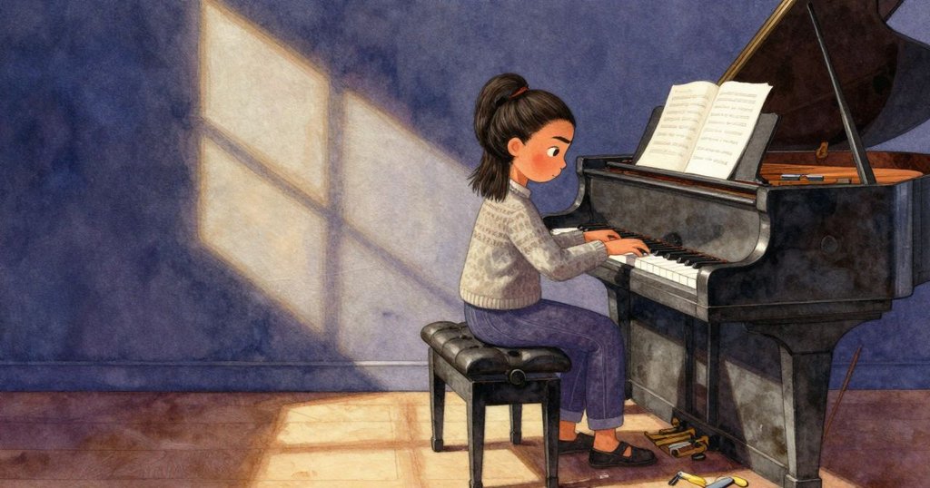 弗里達在充滿陽光與陰影的房間內調音鋼琴，工具散落，神情專注，展現動作與光影交錯的開始