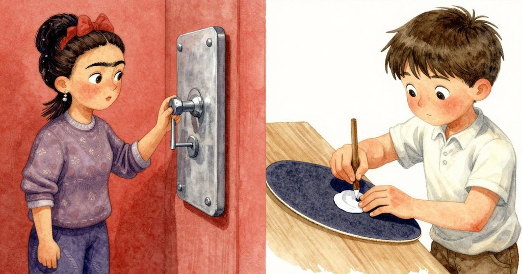 畫面一側展現弗里達調整調音桿，另一側細看剝落清漆下的楓木，動作和細節並存，情節齊進