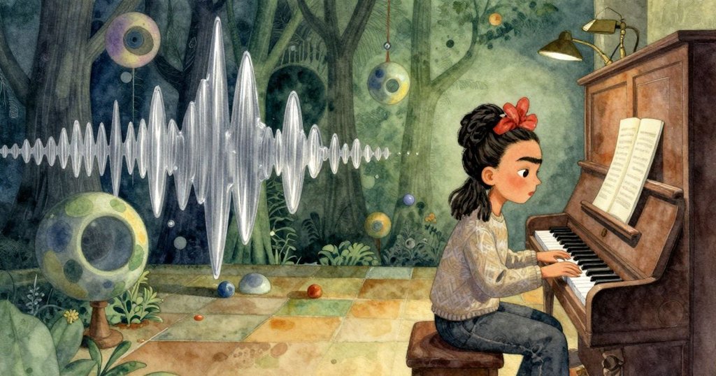 弗里達凝神傾聽鋼琴發出的抽象聲波，房間中出現不可能幾何圖形，光影交錯呈現奇幻場面