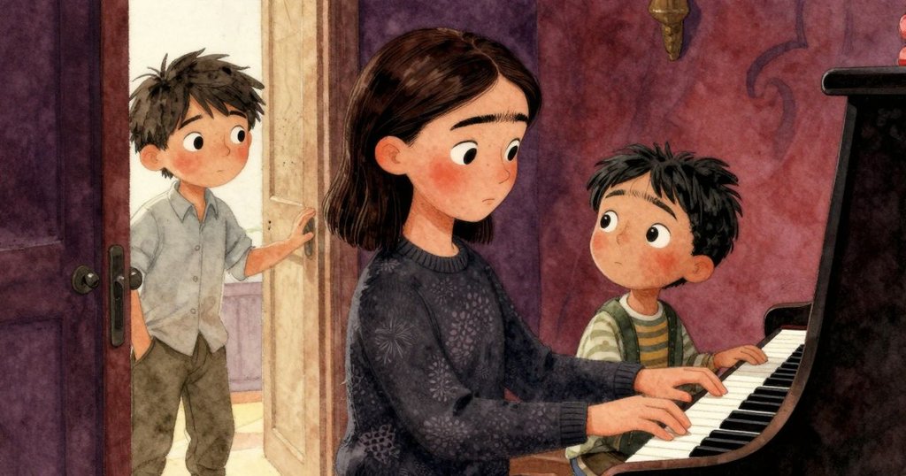 弗里達輕觸鋼琴鍵，門口的Jarvis好奇注視，動作與反應呼應，房內光影柔和展現轉捩點