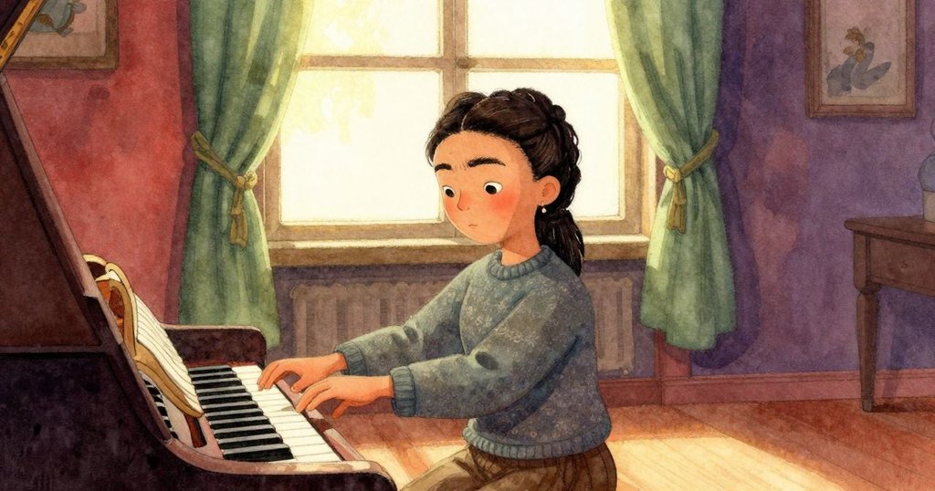 黃昏時刻，弗里達在鋼琴前釋放琴槌，享受清晰音律，室內僅余幾件工具，神情平靜滿足